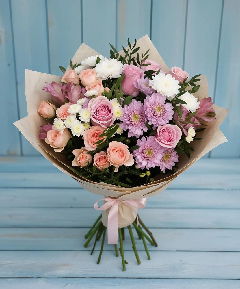 Букет цветов из: Хризантемы, Розы и Альстромерии в Осеево