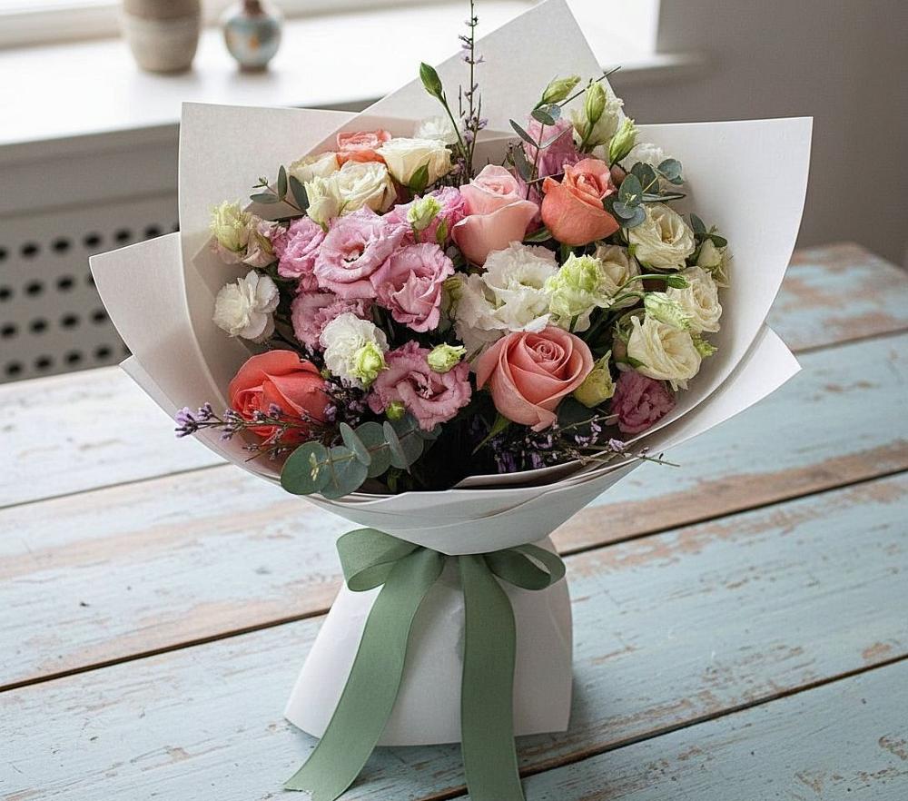 Букет цветов из: Розы, Лизиантусы и Гвоздики в Осеево