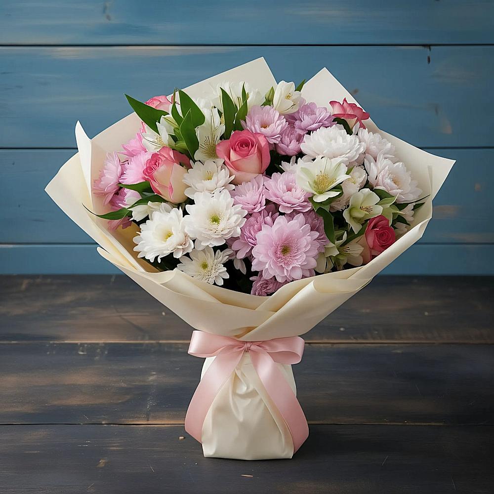 Букет цветов из: Хризантемы, Альстромерии и Розы в Осеево